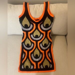 H&M x Rabanne collaboration Vibrant Orange and Black patterened Mini Dress